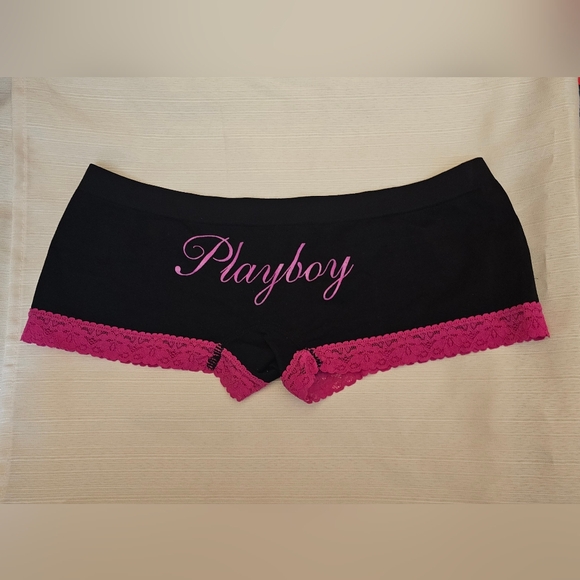 PLAYBOY Women's Black Panties with Pink Lace - Picture 2 of 2